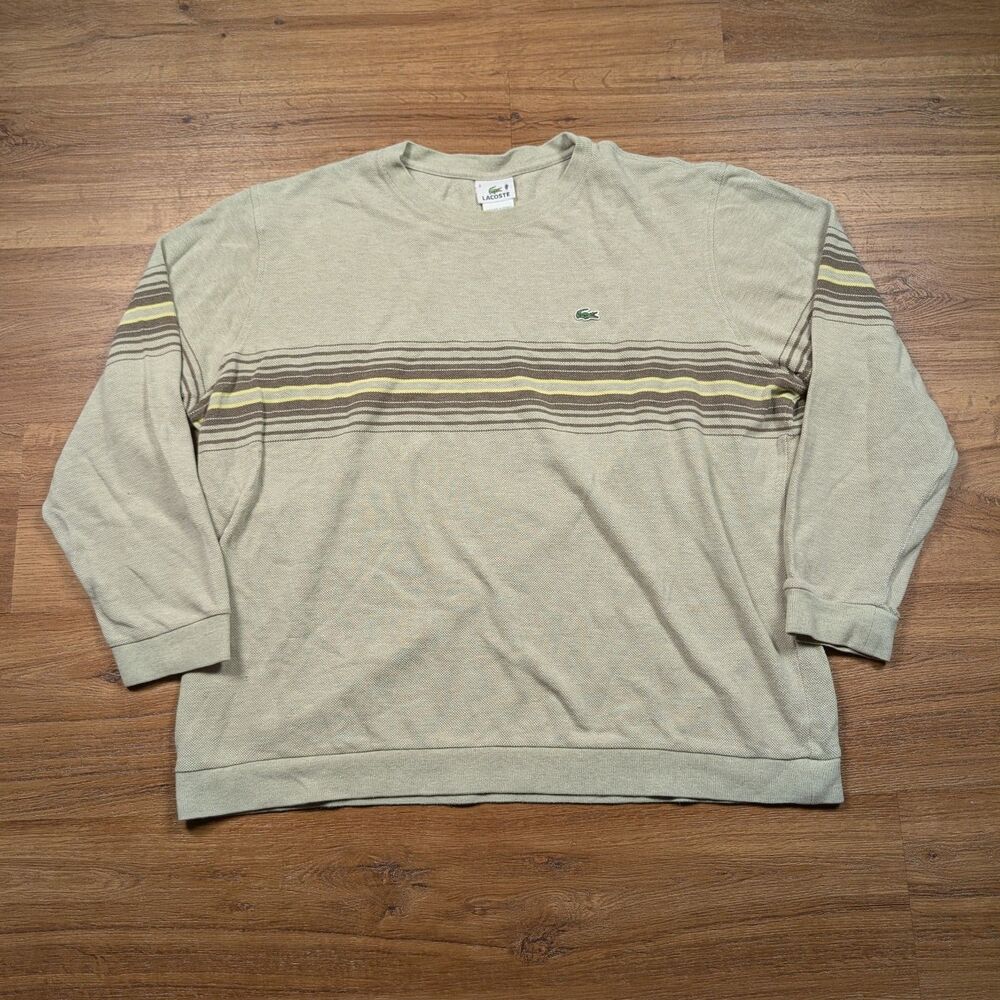 Lacoste Striped Crew Neck Pullover Sweater Men's Size 8 3XL Green Cotton Knit